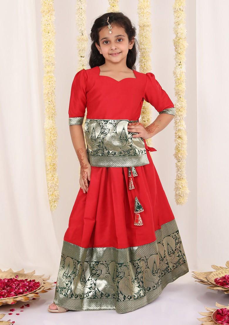 Red Zari Blended Lehenga Choli For Girls - Indya
