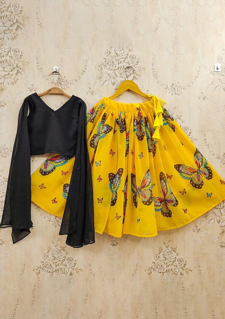 Yellow Printed Blended Lehenga Choli For Girls - Indya