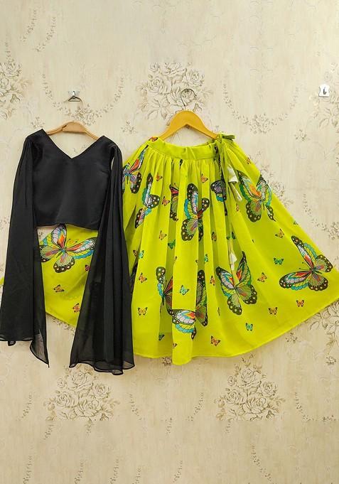 Lime Green Printed Blended Lehenga Choli For Girls — view on Indya