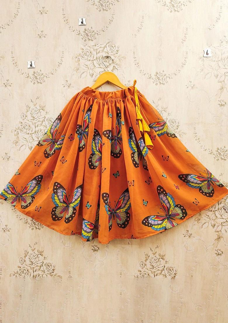 Orange Printed Blended Lehenga Choli For Girls - Indya