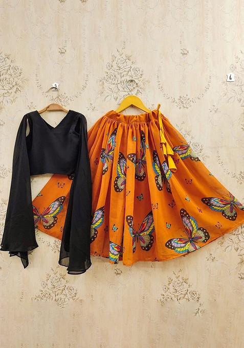 Orange Printed Blended Lehenga Choli For Girls — view on Indya
