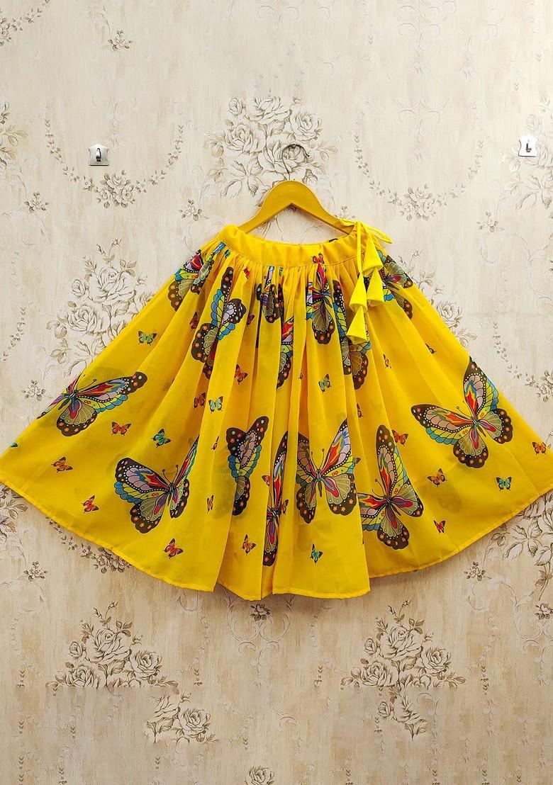 Yellow Printed Blended Lehenga Choli For Girls - Indya