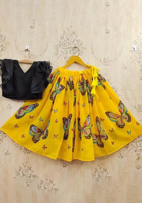 Yellow Printed Blended Lehenga Choli For Girls — view on Indya