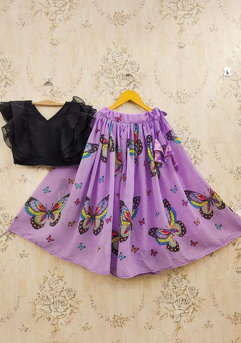 Lavender Printed Blended Lehenga Choli For Girls - Indya
