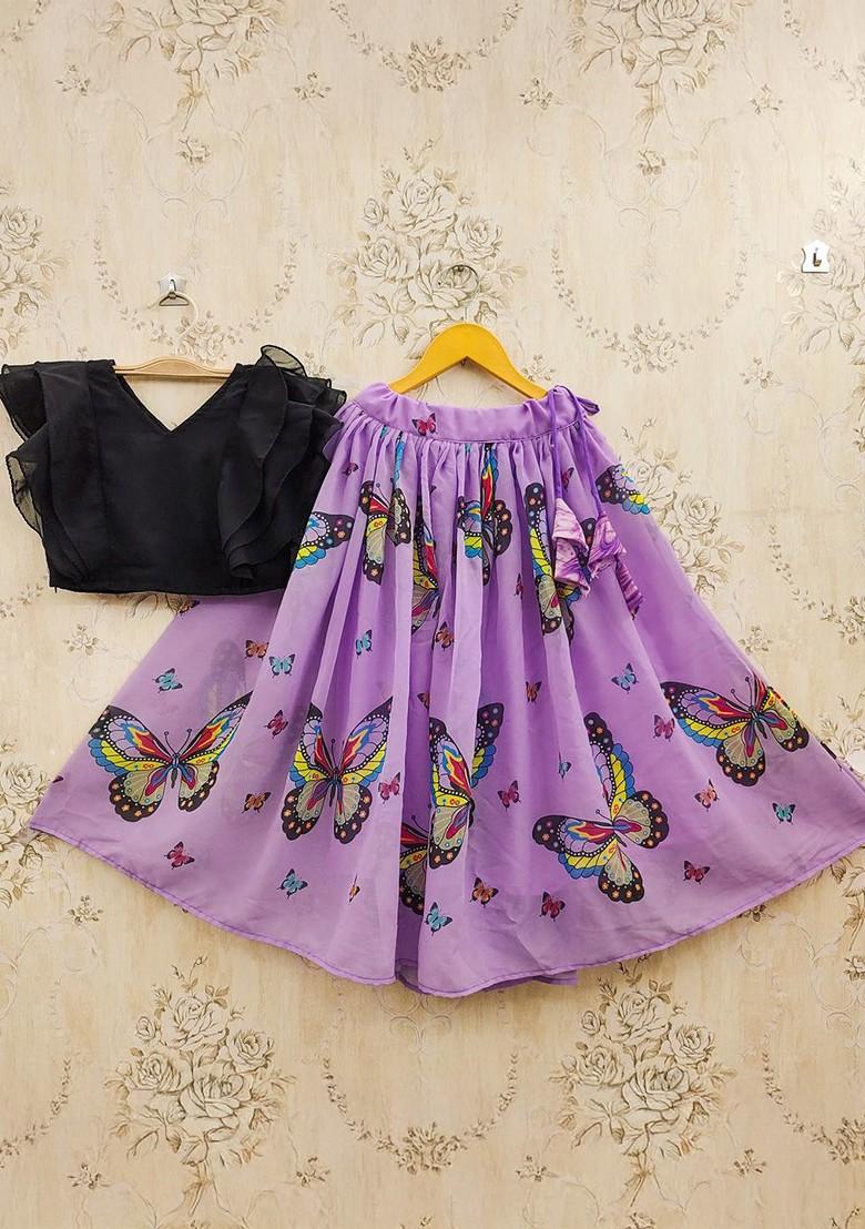 Lavender Printed Blended Lehenga Choli For Girls - Indya