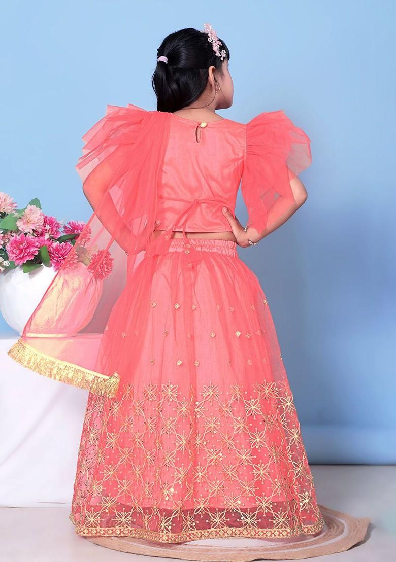 Orange Embroidered Blended Lehenga Choli For Girls - Indya