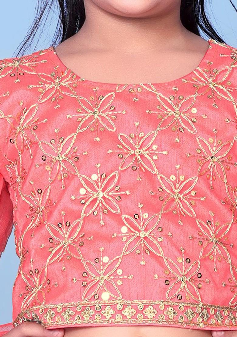 Orange Embroidered Blended Lehenga Choli For Girls - Indya