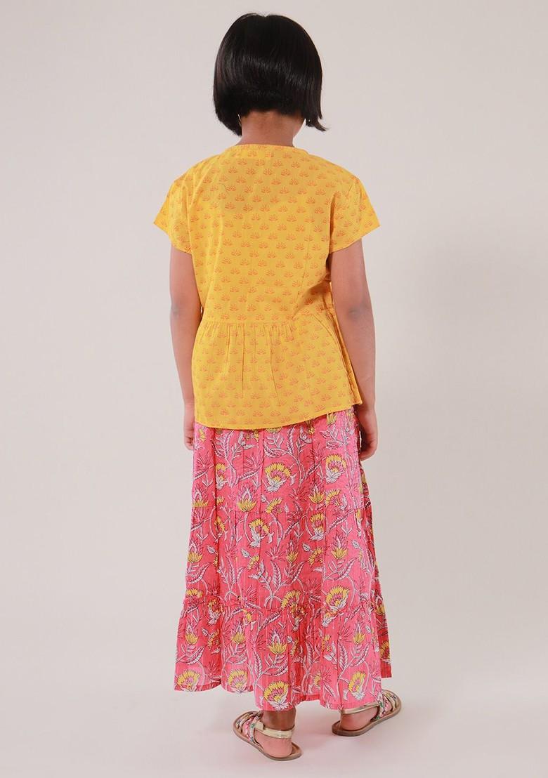 Yellow Printed Cotton Blend Lehenga Choli For Girls - Indya