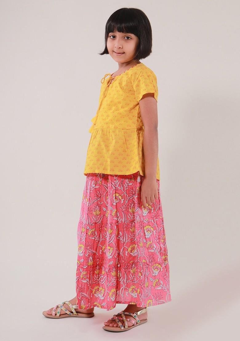 Yellow Printed Cotton Blend Lehenga Choli For Girls - Indya