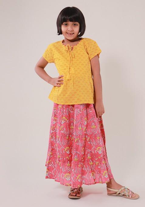 Yellow Printed Cotton Blend Lehenga Choli For Girls — view on Indya