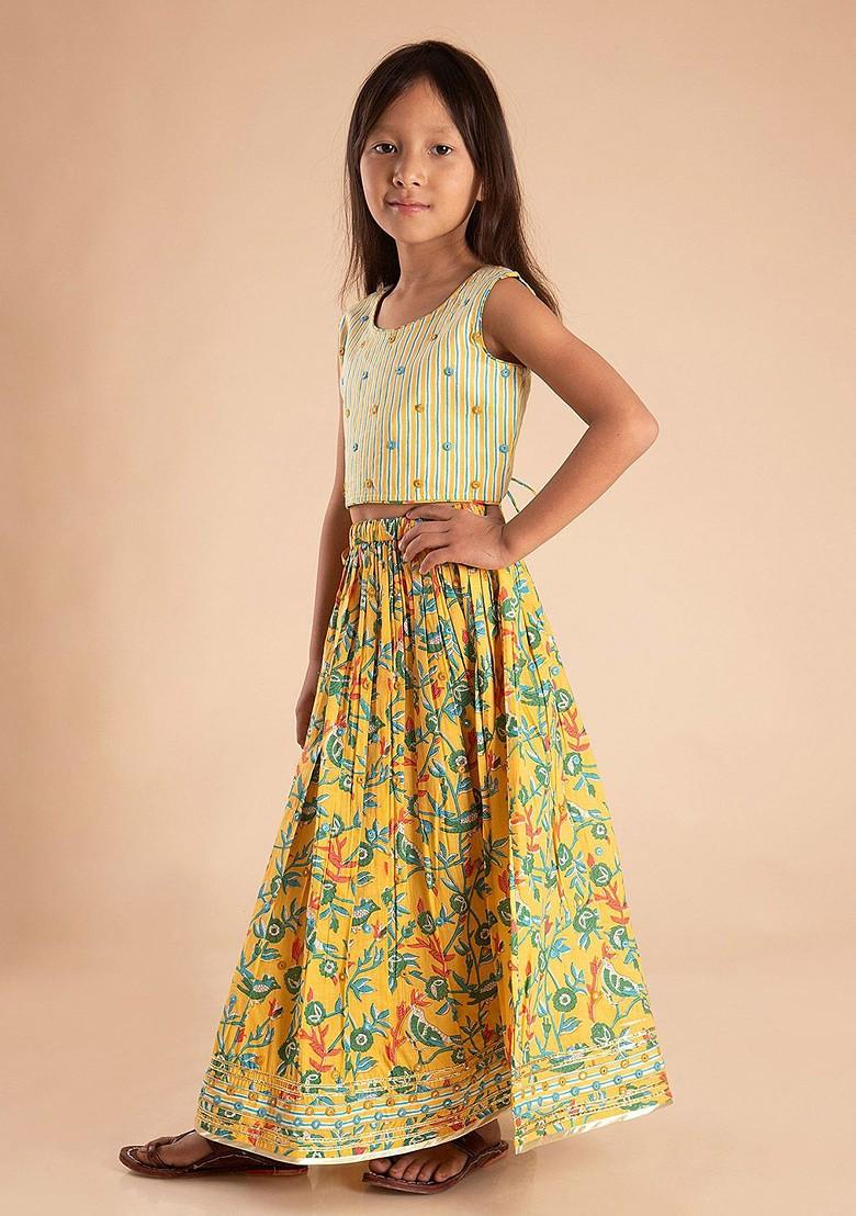 Yellow Printed Cotton Blend Lehenga Choli For Girls - Indya