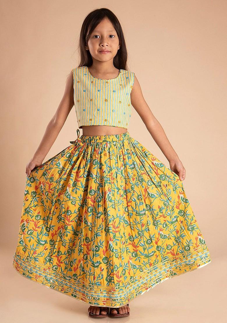 Yellow Printed Cotton Blend Lehenga Choli For Girls - Indya