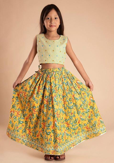 Yellow Printed Cotton Blend Lehenga Choli For Girls — view on Indya