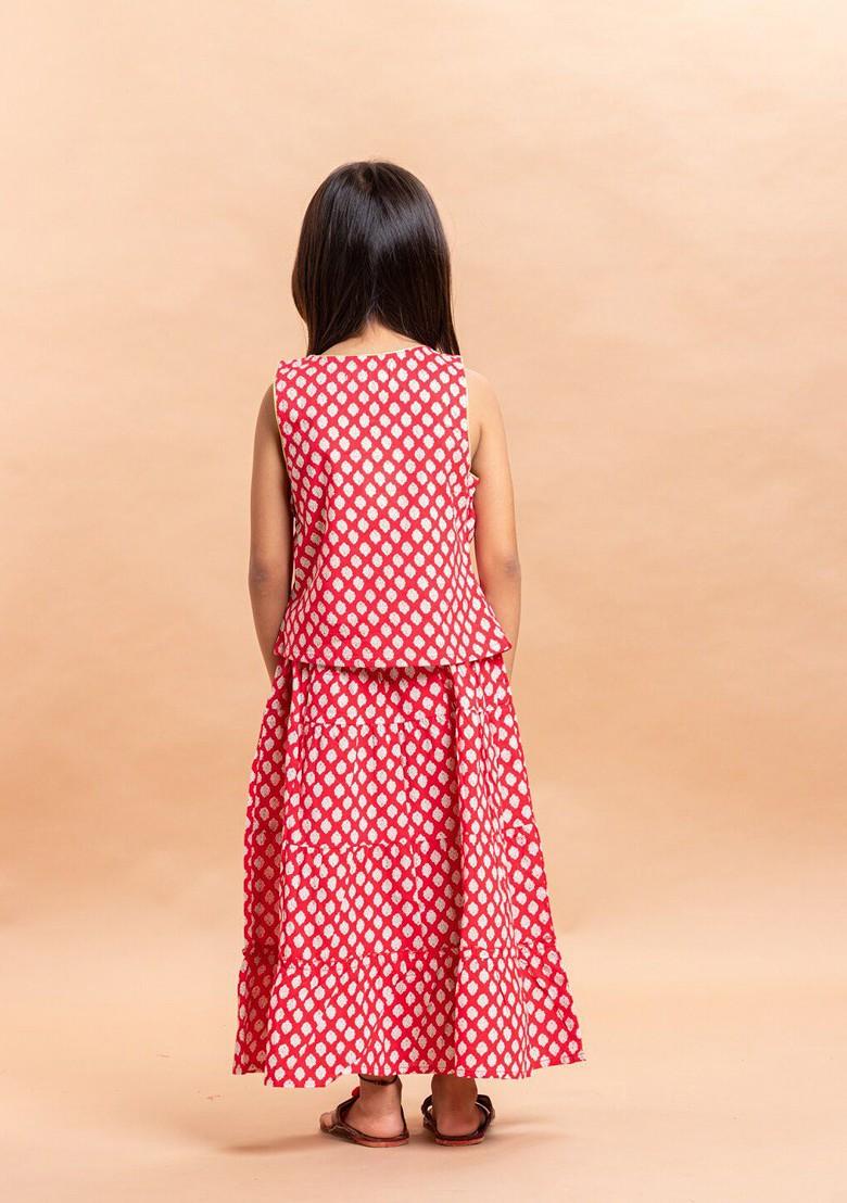 Red Printed Cotton Blend Lehenga Choli For Girls - Indya