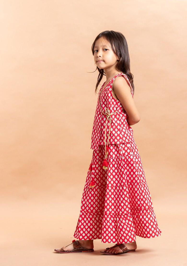 Red Printed Cotton Blend Lehenga Choli For Girls - Indya