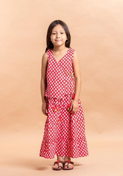 Red Printed Cotton Blend Lehenga Choli For Girls — view on Indya