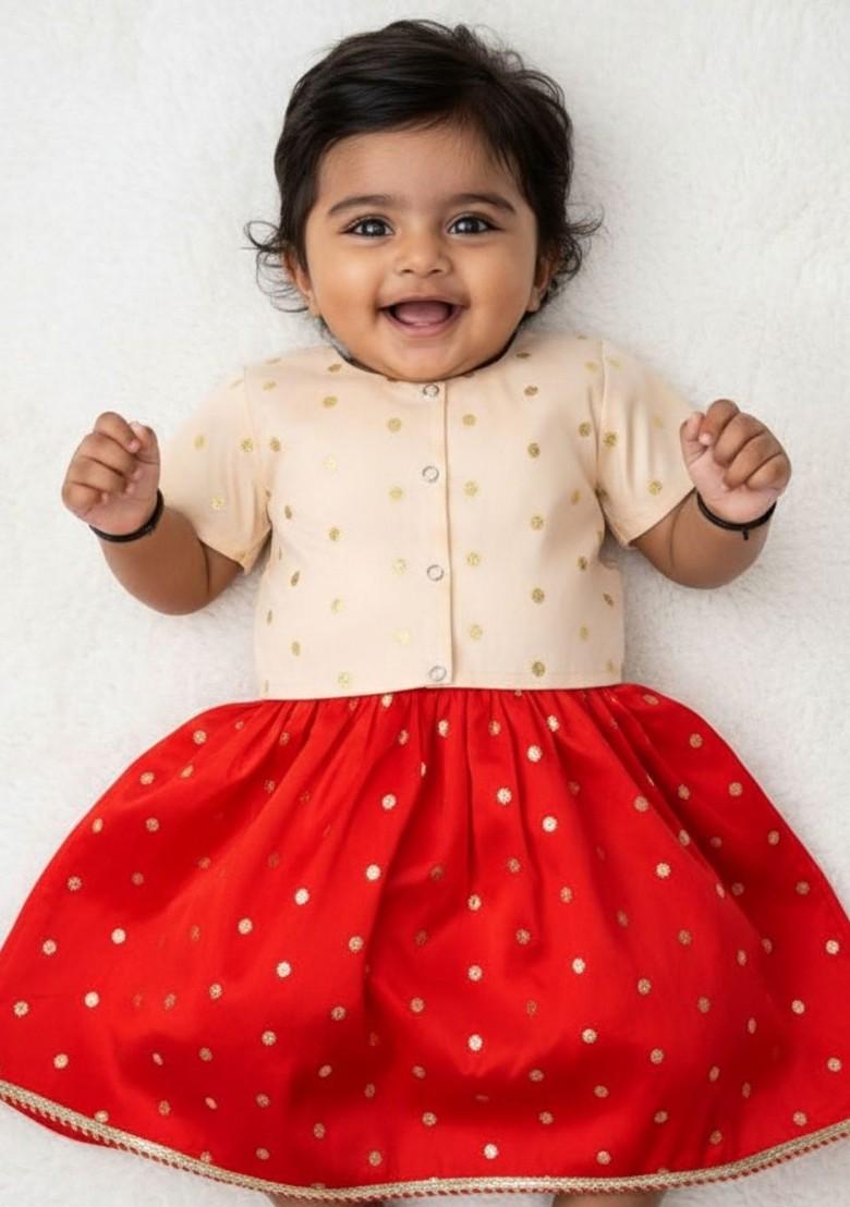 Red Zari Blended Lehenga Choli For Girls - Indya