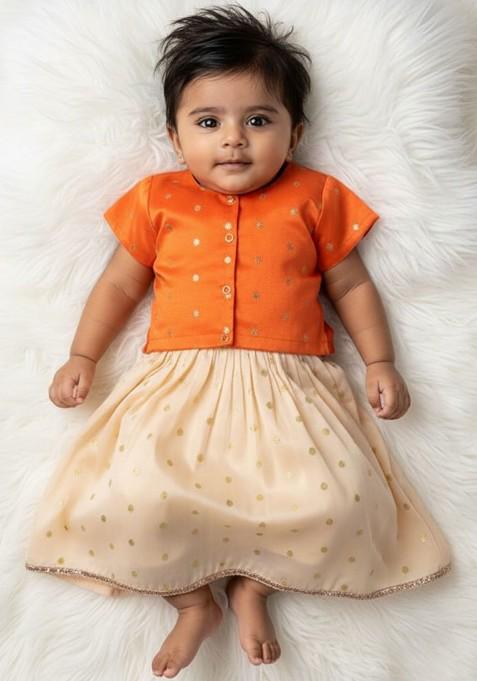 Off White Zari Silk Lehenga Choli For Girls