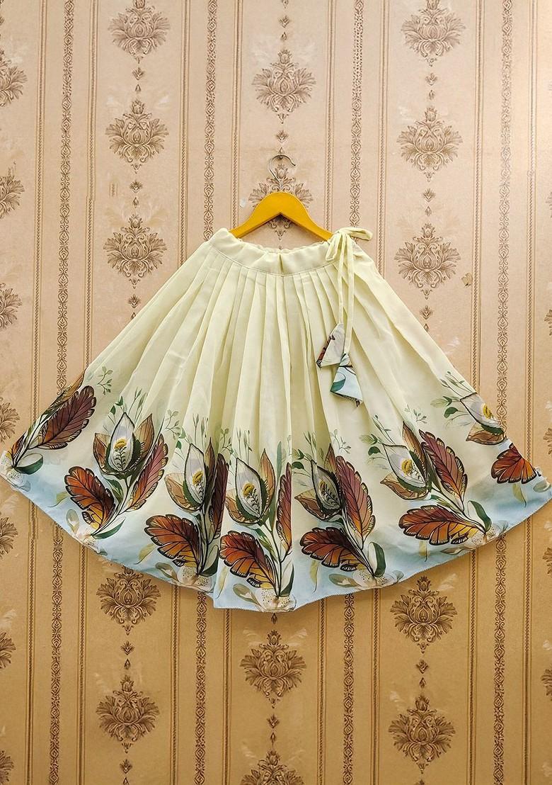 Off White Printed Blended Lehenga Choli For Girls - Indya