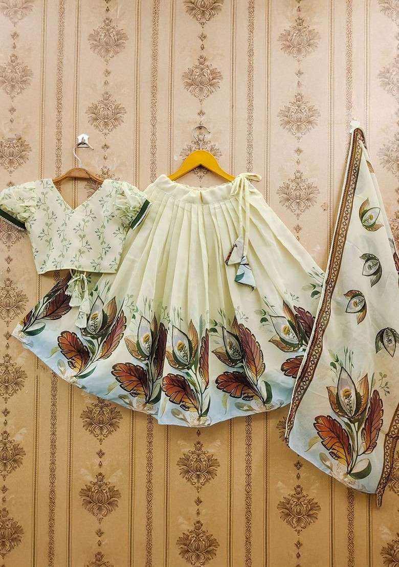 Off White Printed Blended Lehenga Choli For Girls - Indya