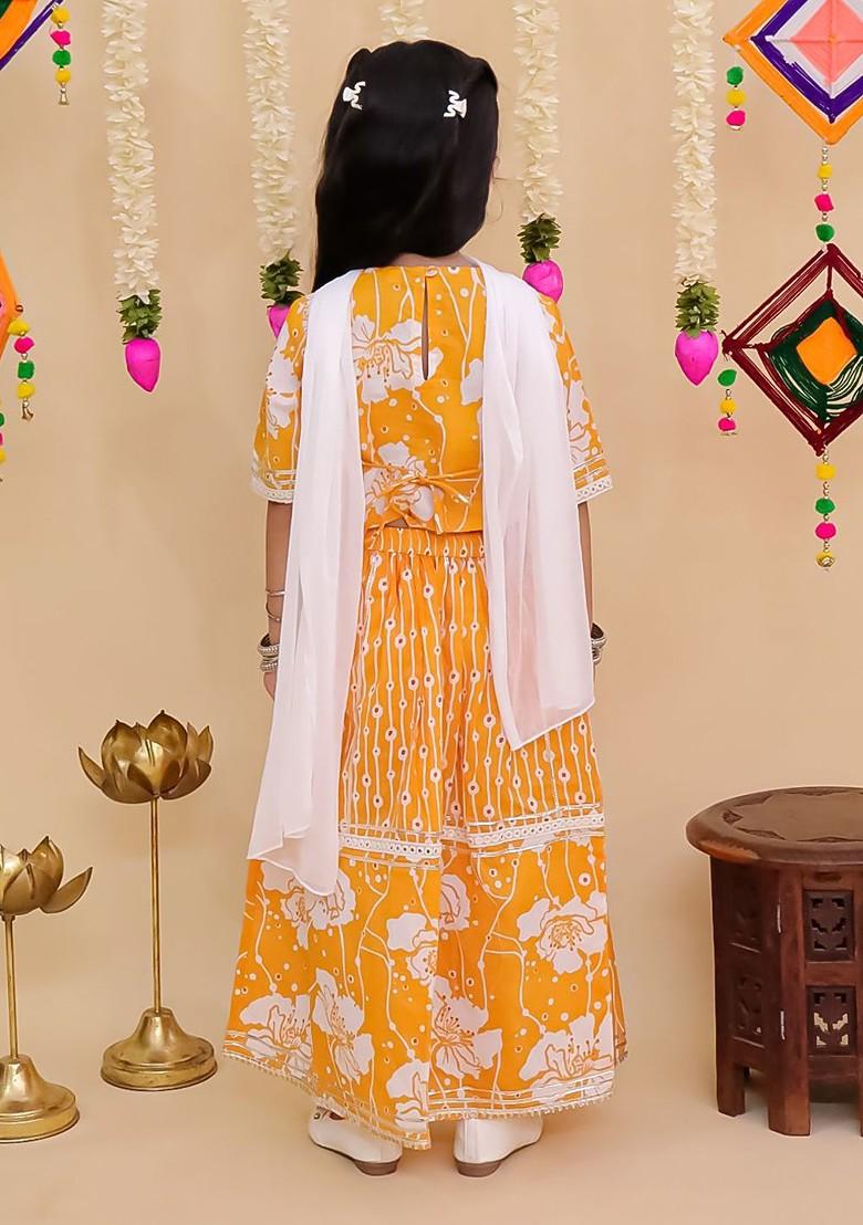 Yellow Printed Cotton Blend Lehenga Choli For Girls - Indya