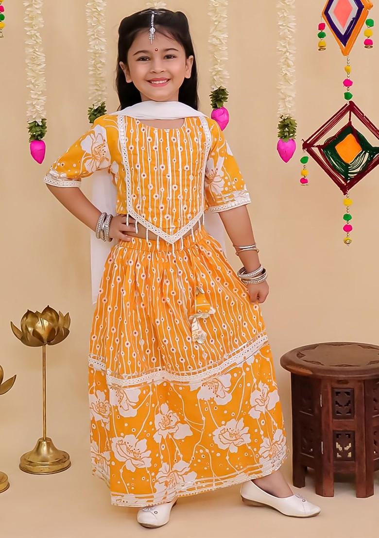 Yellow Printed Cotton Blend Lehenga Choli For Girls - Indya