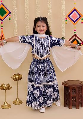 Blue Printed Cotton Blend Lehenga Choli For Girls