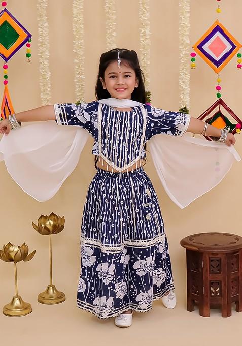 Blue Printed Cotton Blend Lehenga Choli For Girls — view on Indya