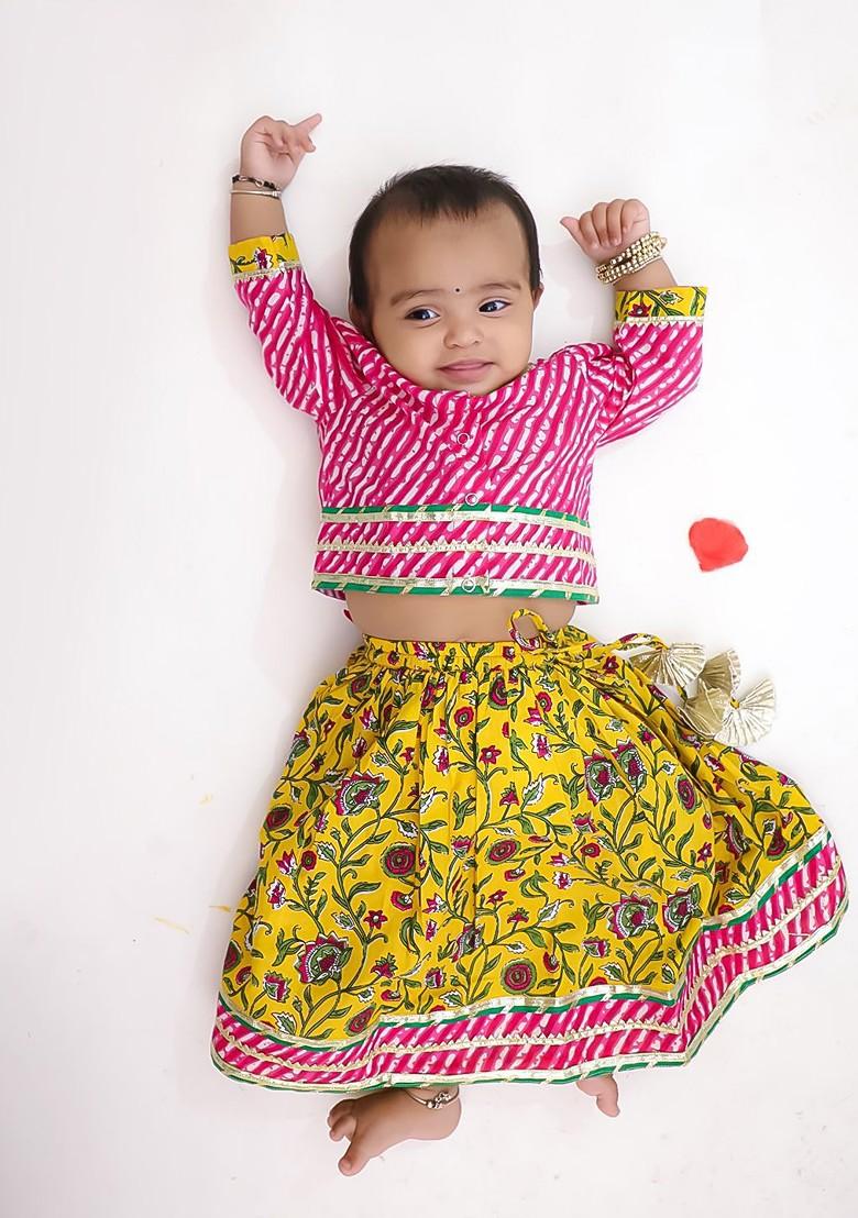 Pink Printed Cotton Blend Lehenga Choli For Girls - Indya