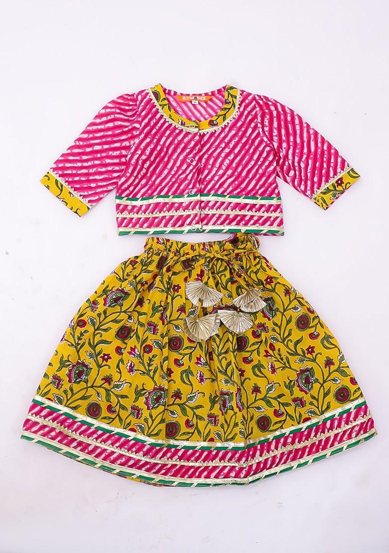 Pink Printed Cotton Blend Lehenga Choli For Girls - Indya