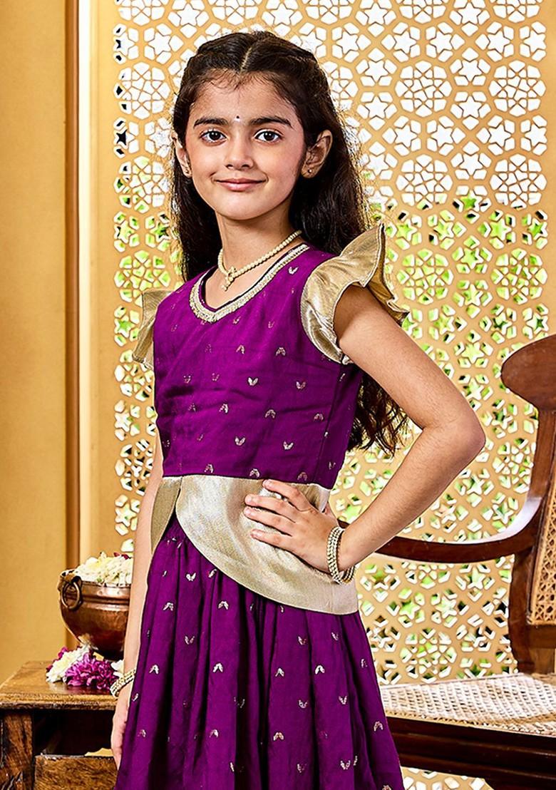 Purple Embroidered Silk Lehenga Choli For Girls - Indya