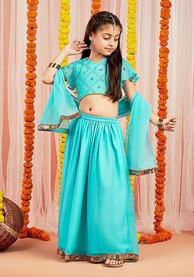 Blue Embellished Blended Lehenga Choli For Girls