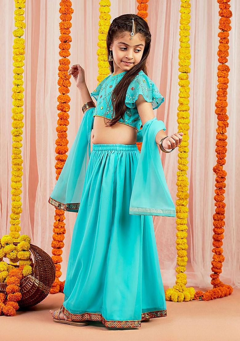 Blue Embellished Blended Lehenga Choli For Girls - Indya