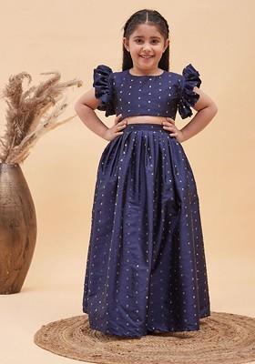 Navy Blue Embroidered Blended Lehenga Choli For Girls