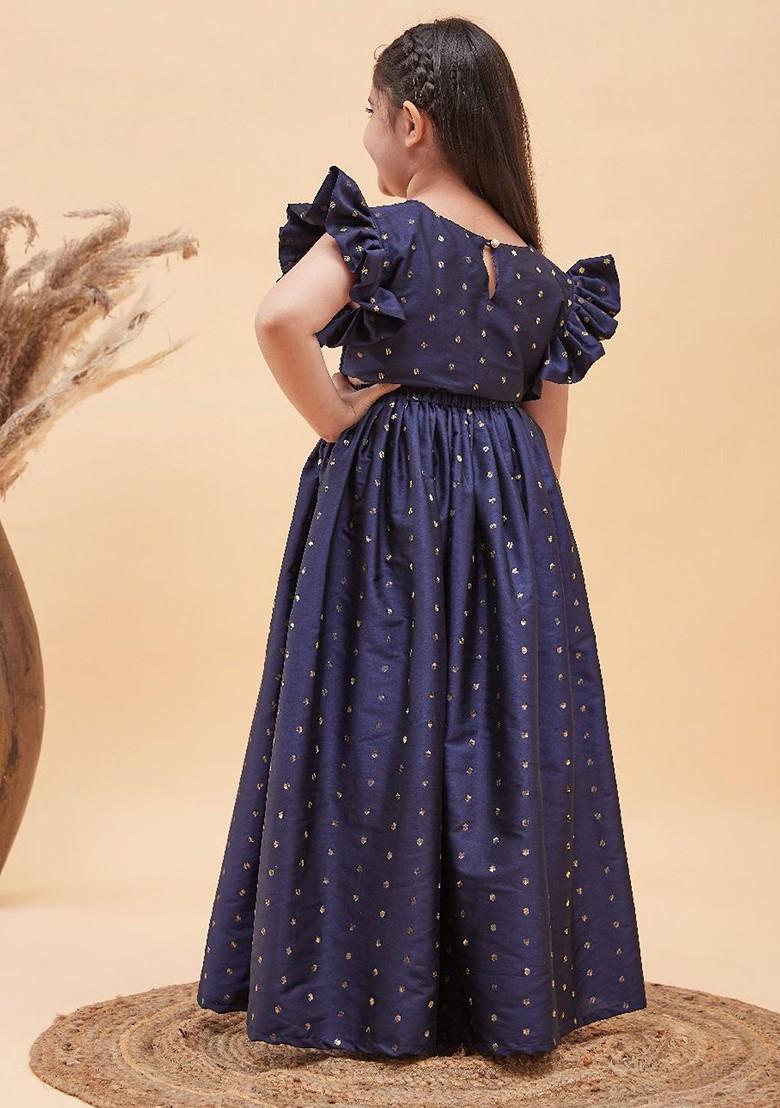 Navy Blue Embroidered Blended Lehenga Choli For Girls - Indya
