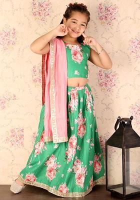 Green Printed Cotton Blend Lehenga Choli For Girls