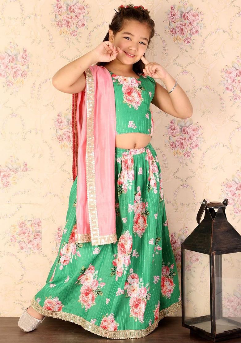 Green Printed Cotton Blend Lehenga Choli For Girls - Indya