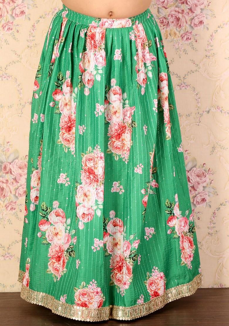 Green Printed Cotton Blend Lehenga Choli For Girls - Indya