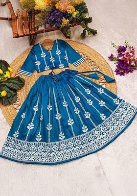 Teal Embroidered Blended Lehenga Choli For Girls