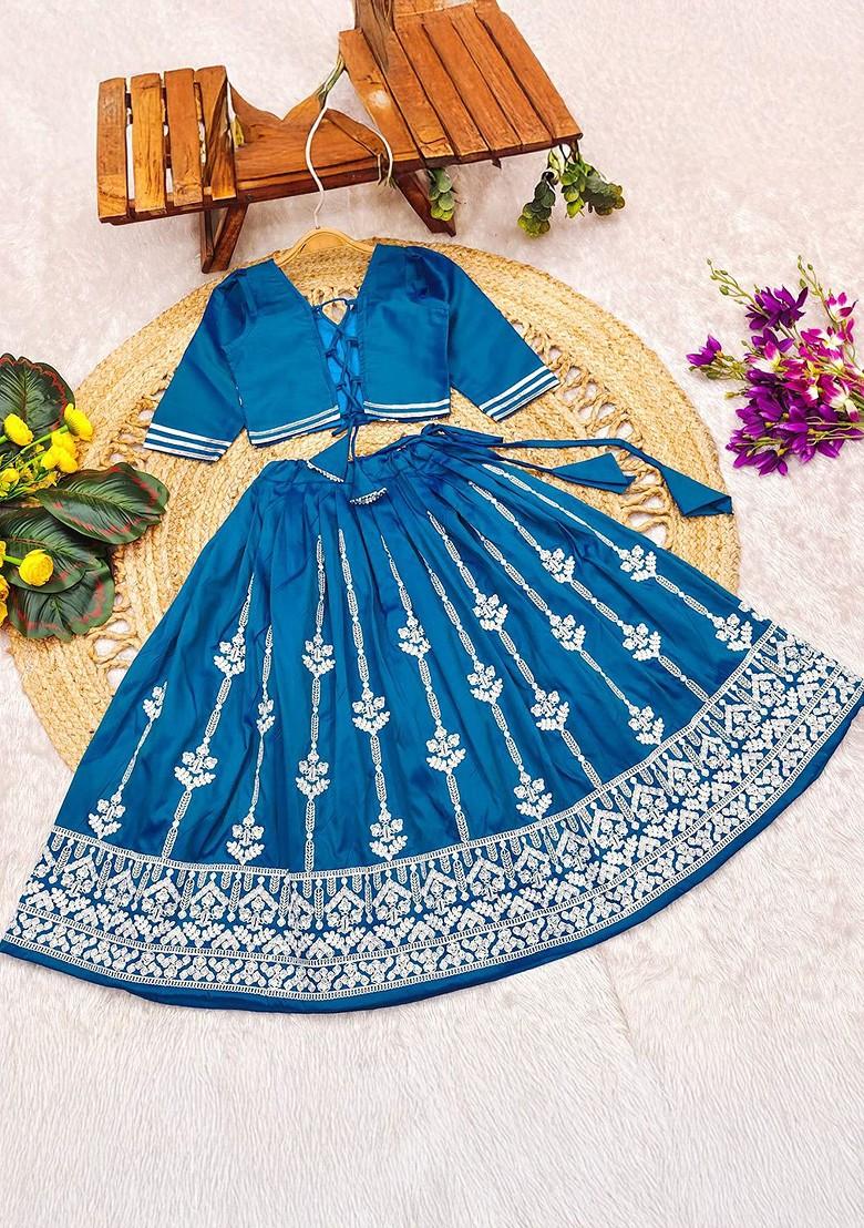 Teal Embroidered Blended Lehenga Choli For Girls - Indya