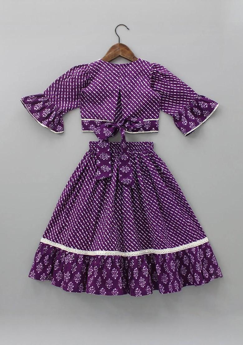 Purple Printed Blended Lehenga Choli For Girls - Indya