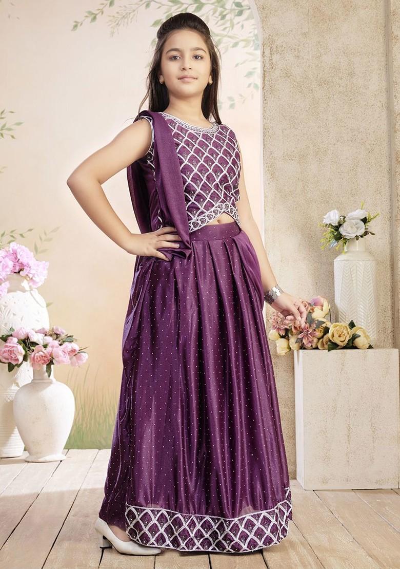 Purple Embroidered Georgette Lehenga Choli For Girls - Indya