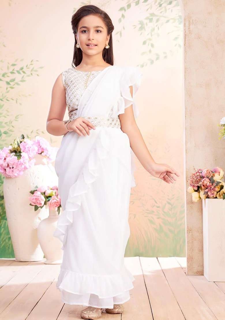 Cream Embroidered Georgette Lehenga Choli For Girls - Indya