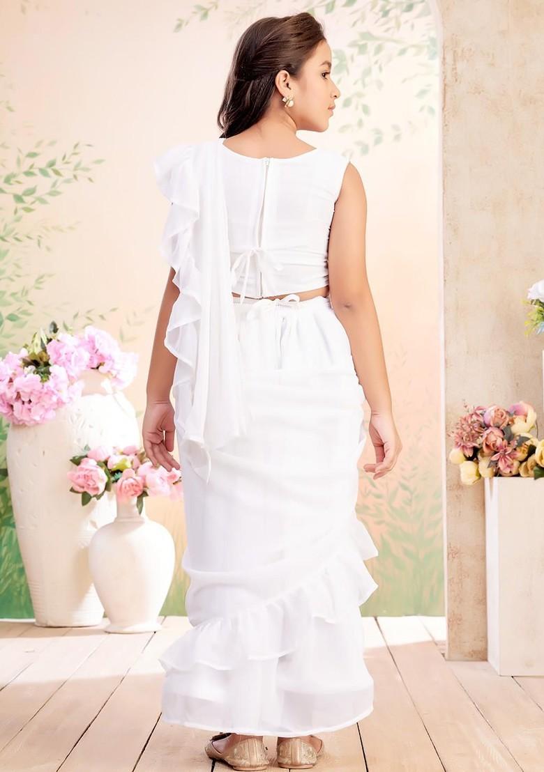 Cream Embroidered Georgette Lehenga Choli For Girls - Indya