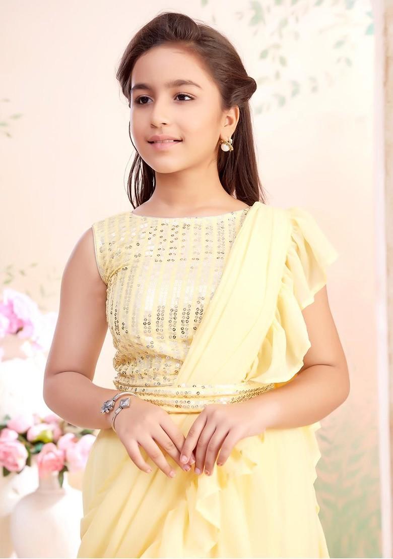 Yellow Embellished Georgette Lehenga Choli For Girls - Indya