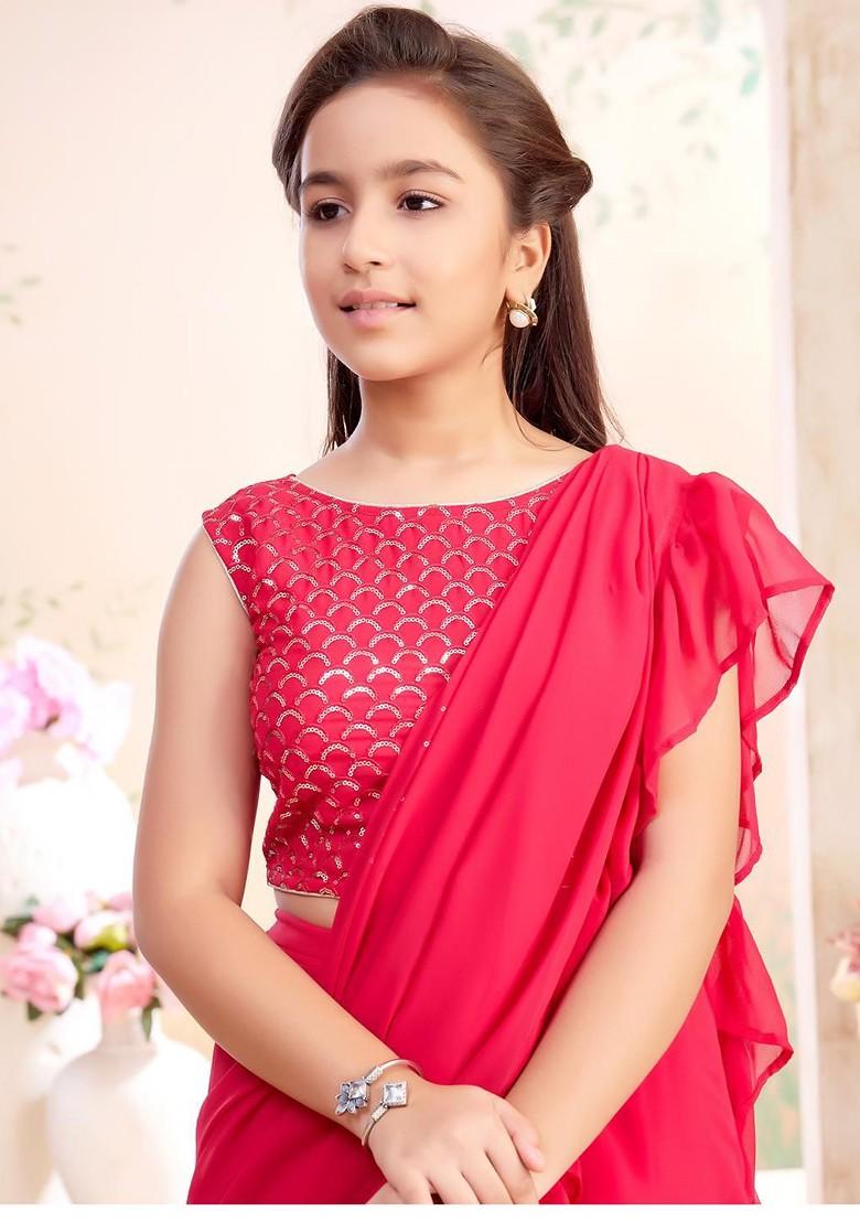 Pink Printed Silk Lehenga Choli For Girls - Indya