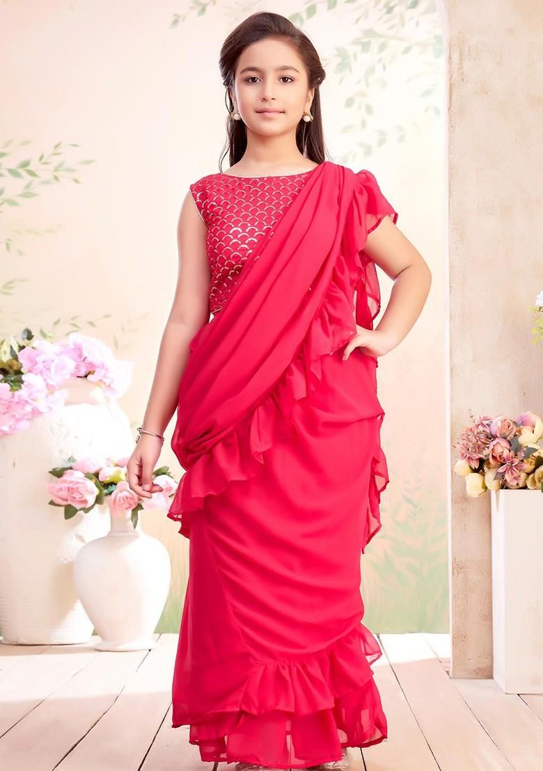 Pink Printed Silk Lehenga Choli For Girls - Indya