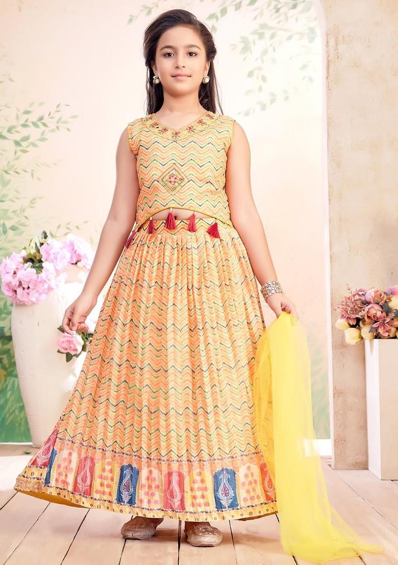 Yellow Printed Blended Lehenga Choli For Girls - Indya