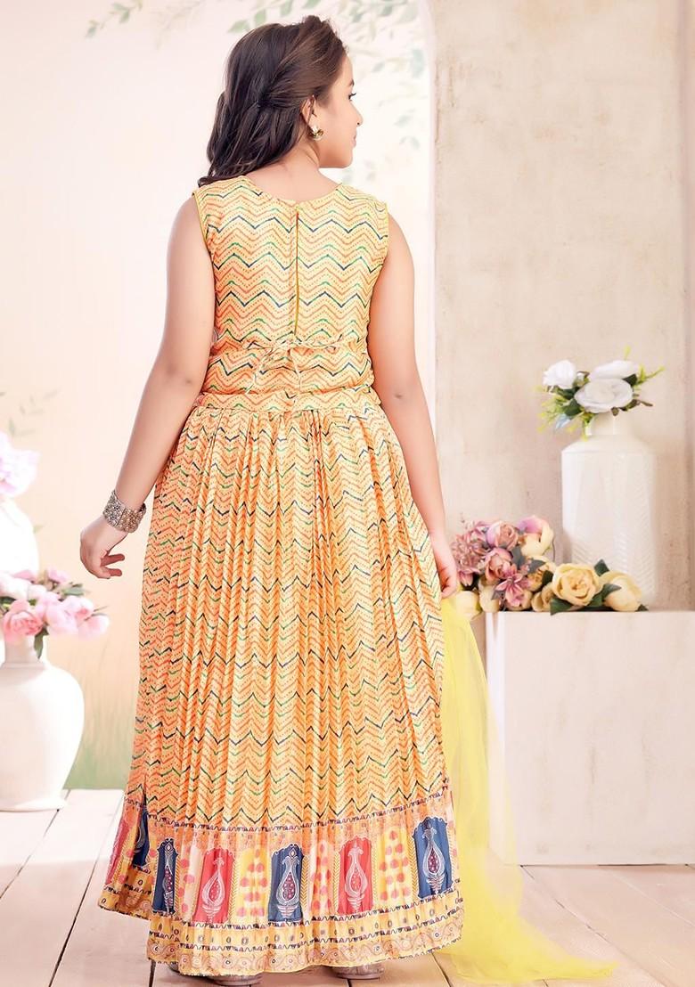 Yellow Printed Blended Lehenga Choli For Girls - Indya