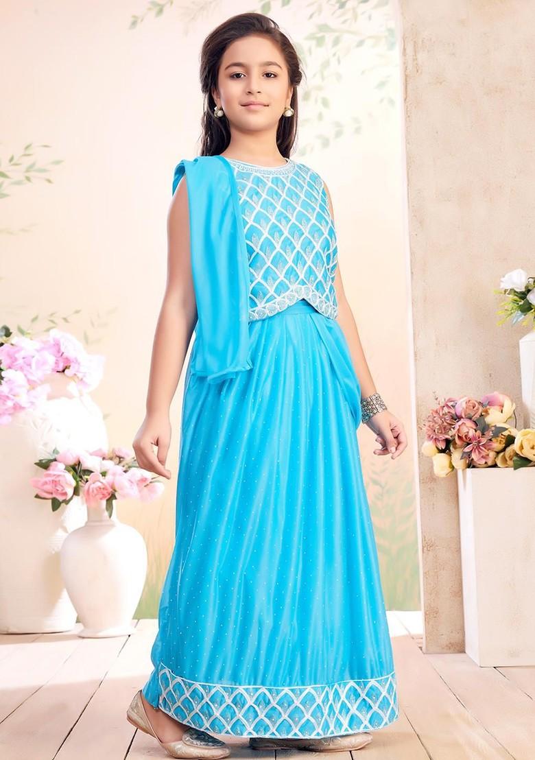 Turquoise Blue Embroidered Georgette Lehenga Choli For Girls - Indya